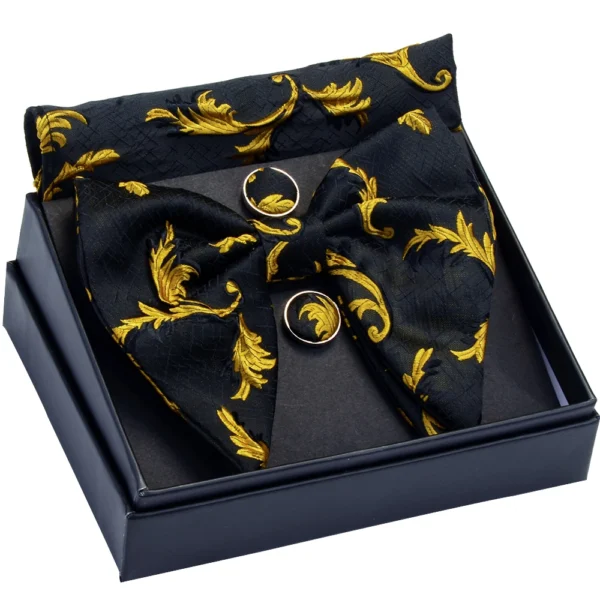 Fashion Silk Big Bowtie Handkerchief Cufflinks Set Bule Black Paisley Floral Jacquard Hanky Bow Ties For Men Business With Box - Image 2