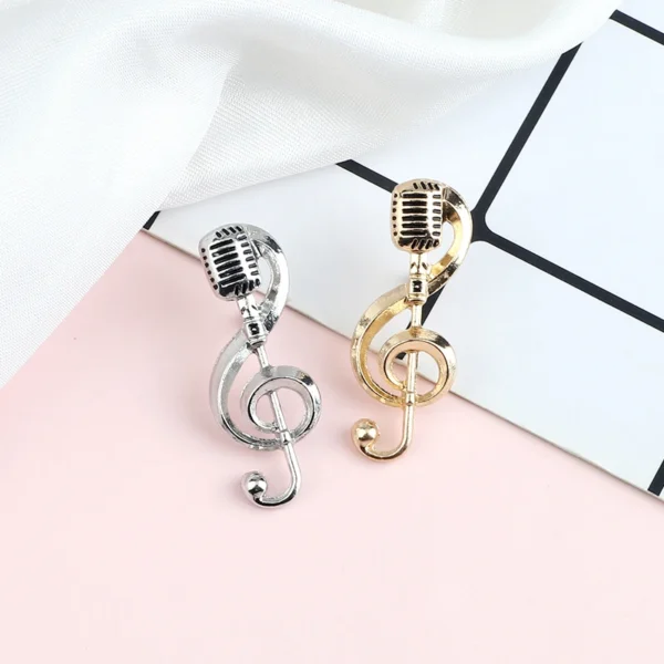 Music Note Microphone Brooches Gold Color Silver Color Metal Pins Special Badge Student Musician Backpack Lapel Pin Jewelry Gift