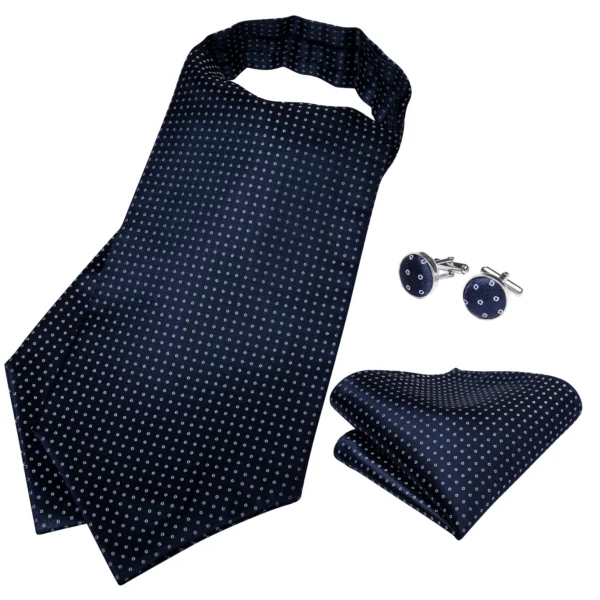 Men Vintage Cravat Ascot Tie White Dot Navy Blue Scarf Gentleman Silk Necktie Hanky Tie Ring Set for Wedding Party Vest DiBanGu - Image 3