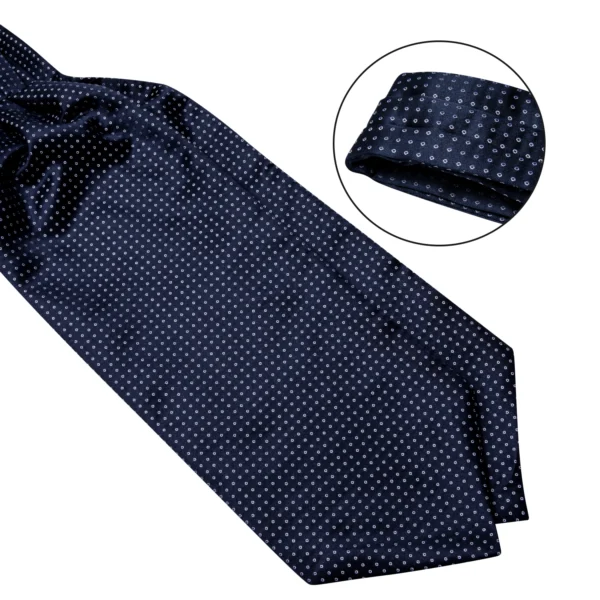 Men Vintage Cravat Ascot Tie White Dot Navy Blue Scarf Gentleman Silk Necktie Hanky Tie Ring Set for Wedding Party Vest DiBanGu - Image 4