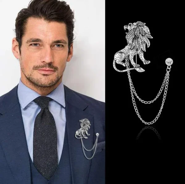 Korean Fashion Crystal Lion Brooch Animal Tassel Chain Lapel Pins British Style Men's Shirt Collar Badge Clothing Accessories - Image 2